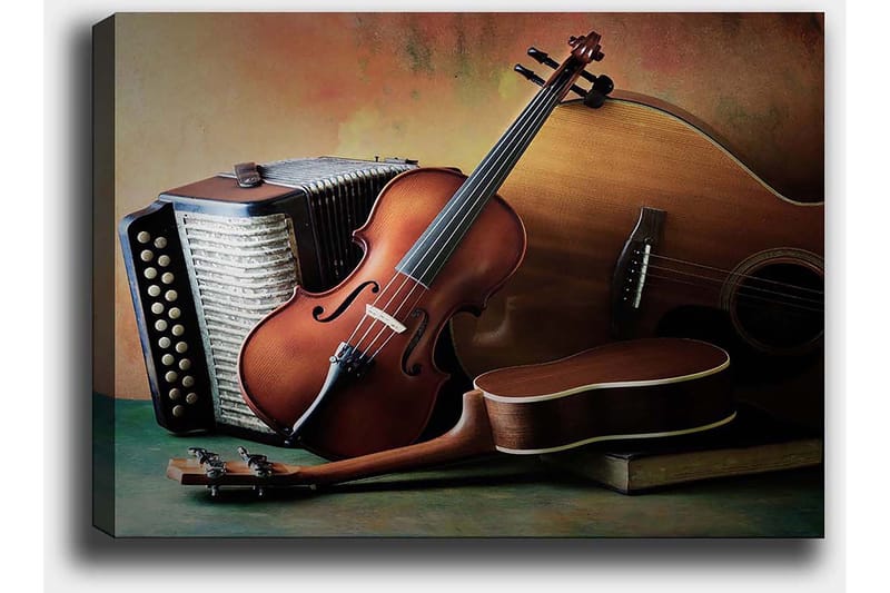 Canvastavla 70x100 cm - Stilla komposition av musikinstrument som inkluderar en fiol, gitarr och dragspel - Brun / Beige / Mörkgrön - Inredning & dekor - Tavlor & konst - Canvastavla