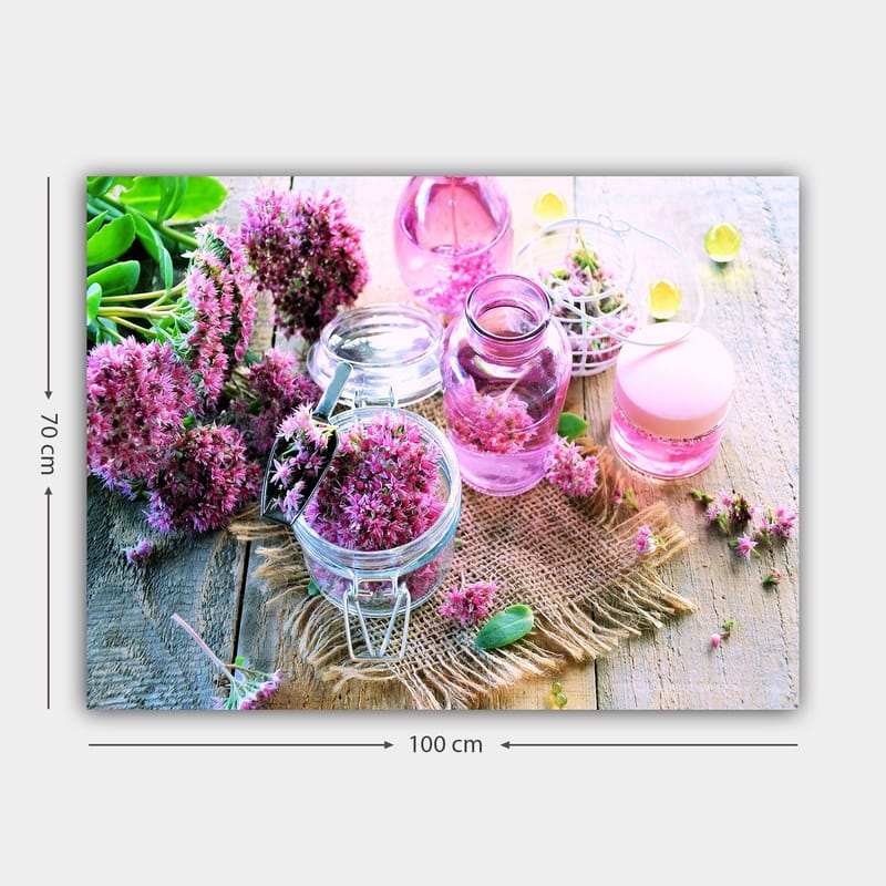 Canvastavla 70x100 cm - Stilla komposition med rosa blommor och glasbehållare som skapar en harmonisk atmosfär - Rosa / Grön / Klar - Inredning & dekor - Tavlor & konst - Canvastavla