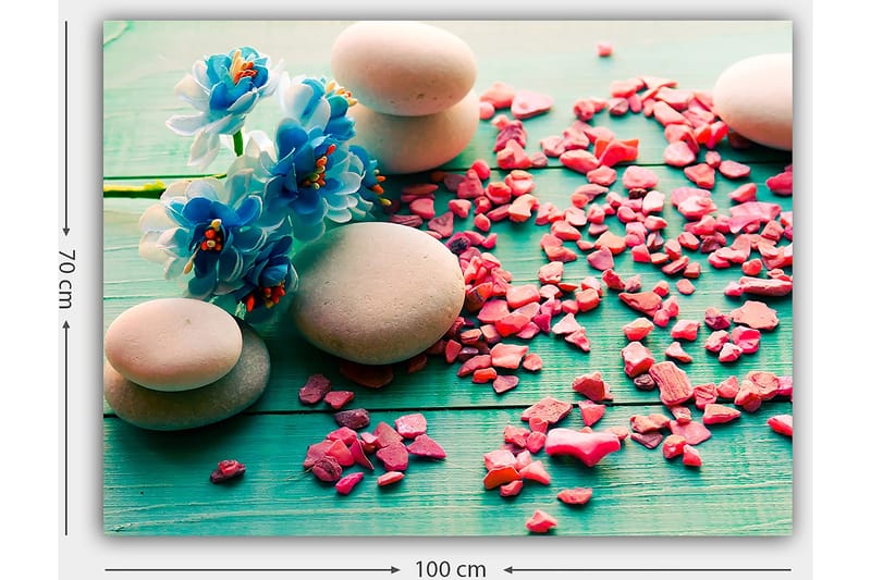 Canvastavla 70x100 cm - Stilla komposition med stenar och blå blommor på en grön bakgrund - Blå / Rosa / Grön - Inredning & dekor - Tavlor & konst - Canvastavla