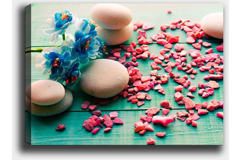 Canvastavla 70x100 cm - Stilla komposition med stenar och blå blommor på en grön bakgrund - Blå / Rosa / Grön - Inredning & dekor - Tavlor & konst - Canvastavla