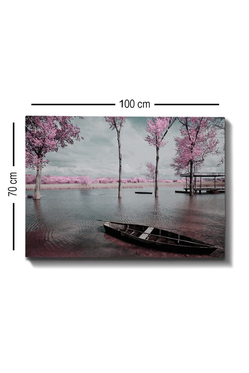 Canvastavla 70x100 cm - Stilla sjö med en båt omgiven av rosa träd och en dimmig himmel - Rosa / Grå / Svart - Inredning & dekor - Tavlor & konst - Canvastavla