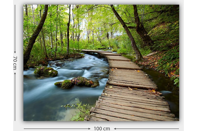 Canvastavla 70x100 cm - Stilla skogsstig som slingrar sig över en porlande bäck omgiven av grönskande träd och växtlighet - Grön / Brun / Blå - Inredning & dekor - Tavlor & konst - Canvastavla