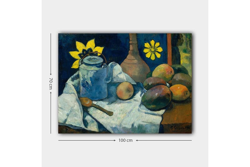 Canvastavla 70x100 cm - Stilleben med en blå kanna, frukter och en gul blomma - Blå / Gul / Grön - Inredning & dekor - Tavlor & konst - Canvastavla