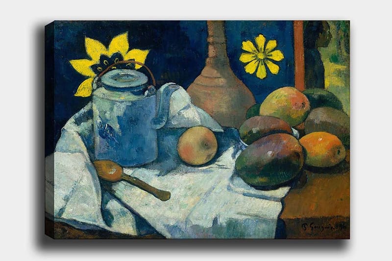 Canvastavla 70x100 cm - Stilleben med en blå kanna, frukter och en gul blomma, Blå / Gul / Grön