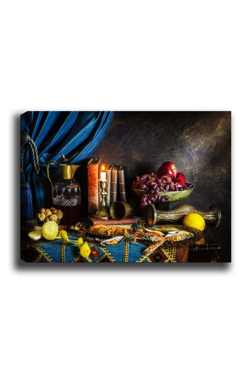 Canvastavla 70x100 cm - Stilleben med frukter, böcker och en kanna, som skapar en rik och inbjudande atmosfär - Mörkblå / Röd / Grön - Inredning & dekor - Tavlor & konst - Canvastavla