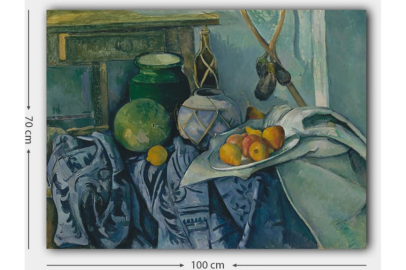 Canvastavla 70x100 cm - Stilleben med frukter och keramik på en dukad yta - Grön / Blå / Orange - Inredning & dekor - Tavlor & konst - Canvastavla