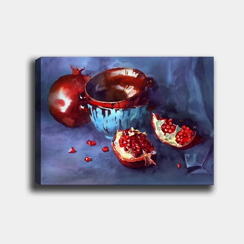 Canvastavla 70x100 cm - Stillhet med granatäpplen och en blå skål, Röd / Blå / Brun