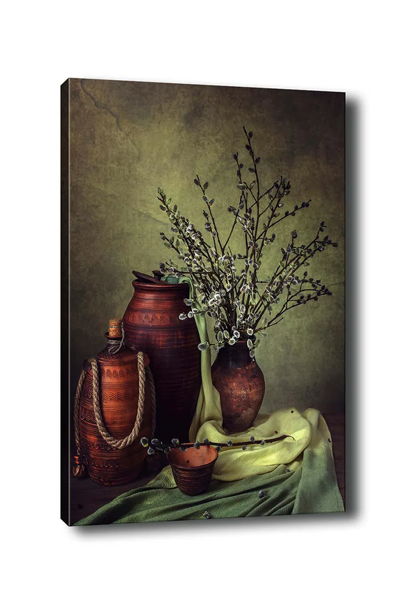 Canvastavla 70x100 cm - Stillhet med keramik och grenar i en harmonisk komposition - Mörkbrun / Ljusgrön / Olivgrön - Inredning & dekor - Tavlor & konst - Canvastavla