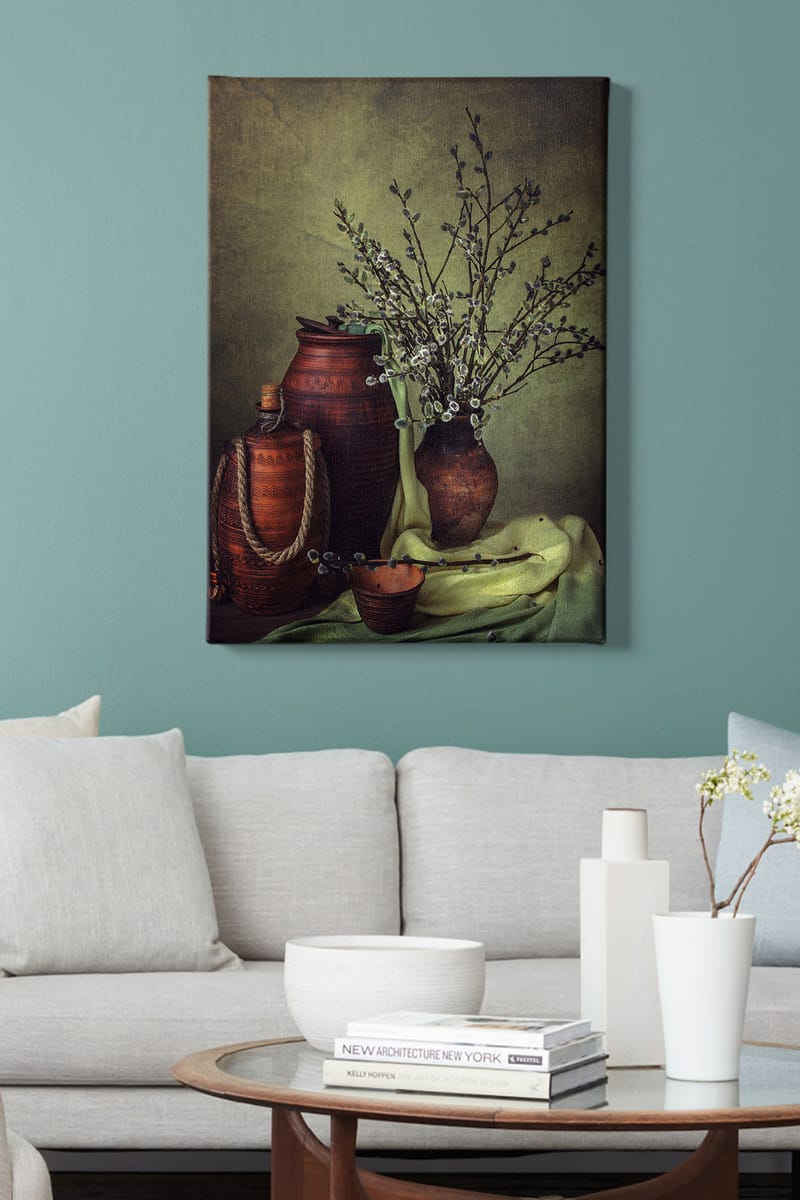 Canvastavla 70x100 cm - Stillhet med keramik och grenar i en harmonisk komposition - Mörkbrun / Ljusgrön / Olivgrön - Inredning & dekor - Tavlor & konst - Canvastavla