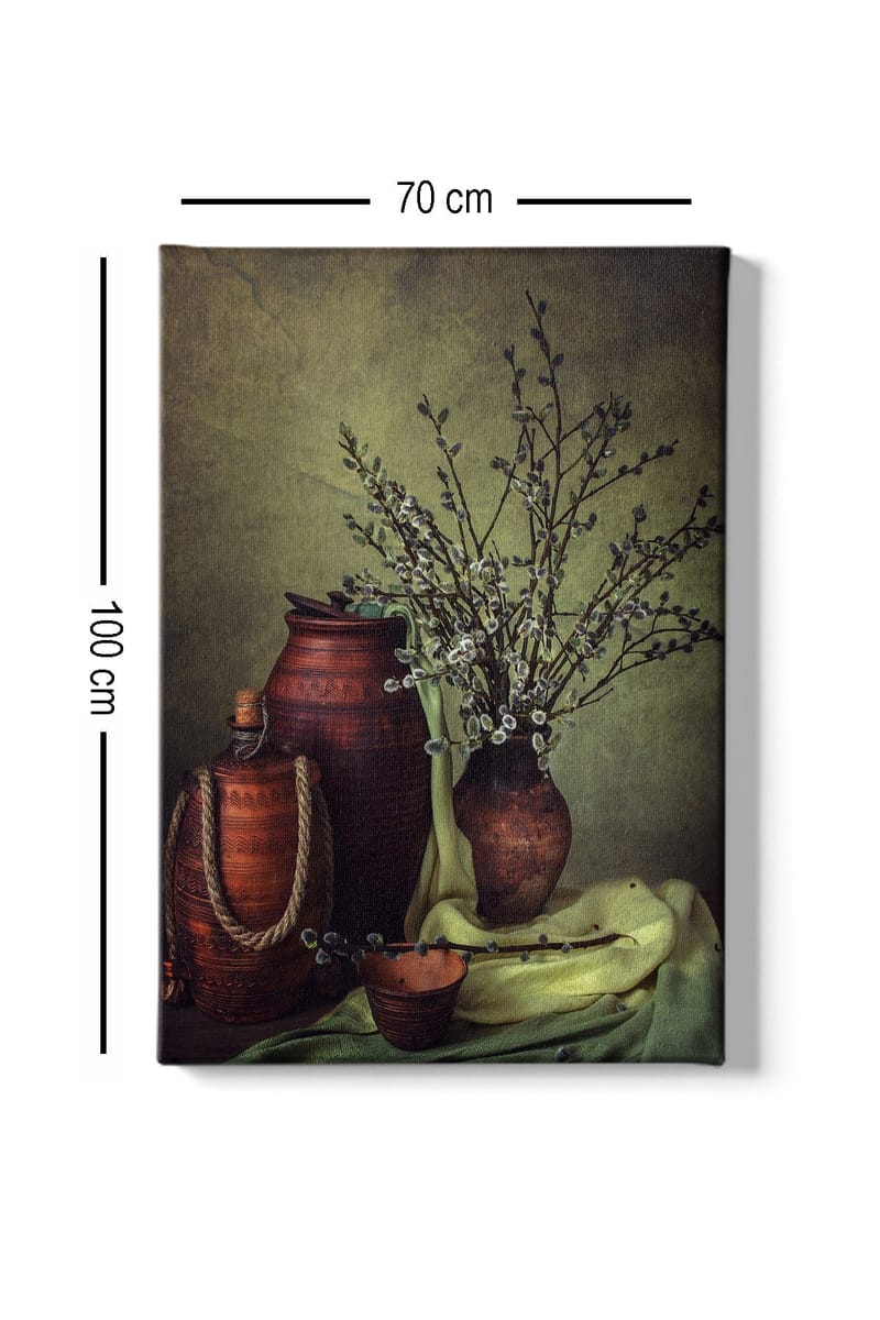 Canvastavla 70x100 cm - Stillhet med keramik och grenar i en harmonisk komposition - Mörkbrun / Ljusgrön / Olivgrön - Inredning & dekor - Tavlor & konst - Canvastavla