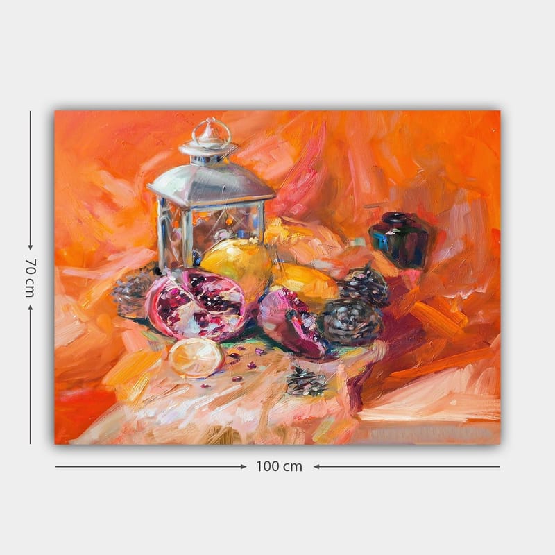 Canvastavla 70x100 cm - Stillleben med frukter och en lantern i varma färger - Orange / Röd / Gul - Inredning & dekor - Tavlor & konst - Canvastavla