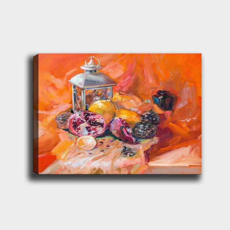 Canvastavla 70x100 cm - Stillleben med frukter och en lantern i varma färger, Orange / Röd / Gul