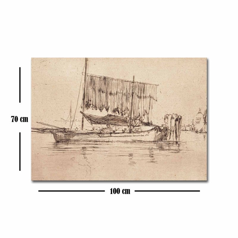Canvastavla 70x100 cm - Stillsam hamnscen med segelbåtar och människor vid vattnet - Beige / Brun - Inredning & dekor - Tavlor & konst - Canvastavla