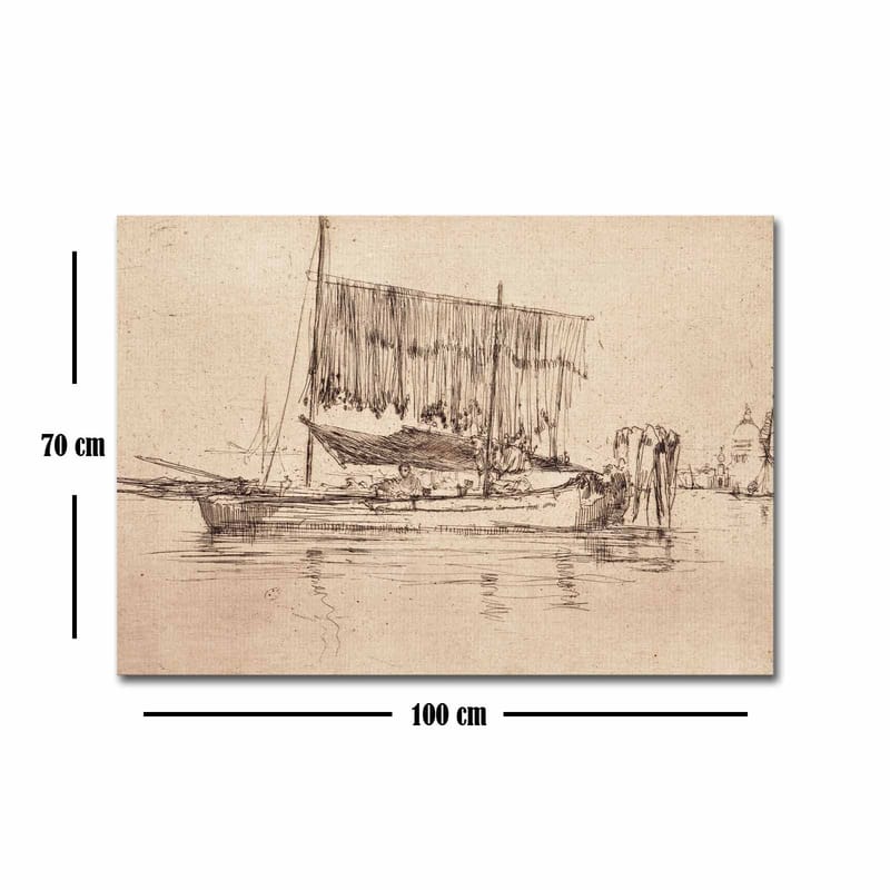 Canvastavla 70x100 cm - Stillsam hamnscen med segelbåtar och människor vid vattnet - Beige / Brun - Inredning & dekor - Tavlor & konst - Canvastavla
