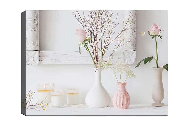 Canvastavla 70x100 cm - Stillsam komposition av blommor i olika vaser med en romantisk känsla, Ljusrosa / Vit / Beige