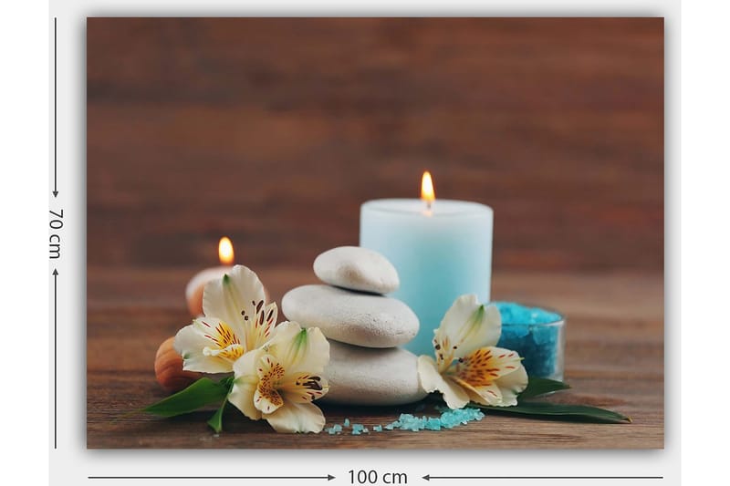 Canvastavla 70x100 cm - Stillsam komposition av stenar, blommor och ljus som skapar en avkopplande atmosfär - Ljusblå / Vit / Grön - Inredning & dekor - Tavlor & konst - Canvastavla