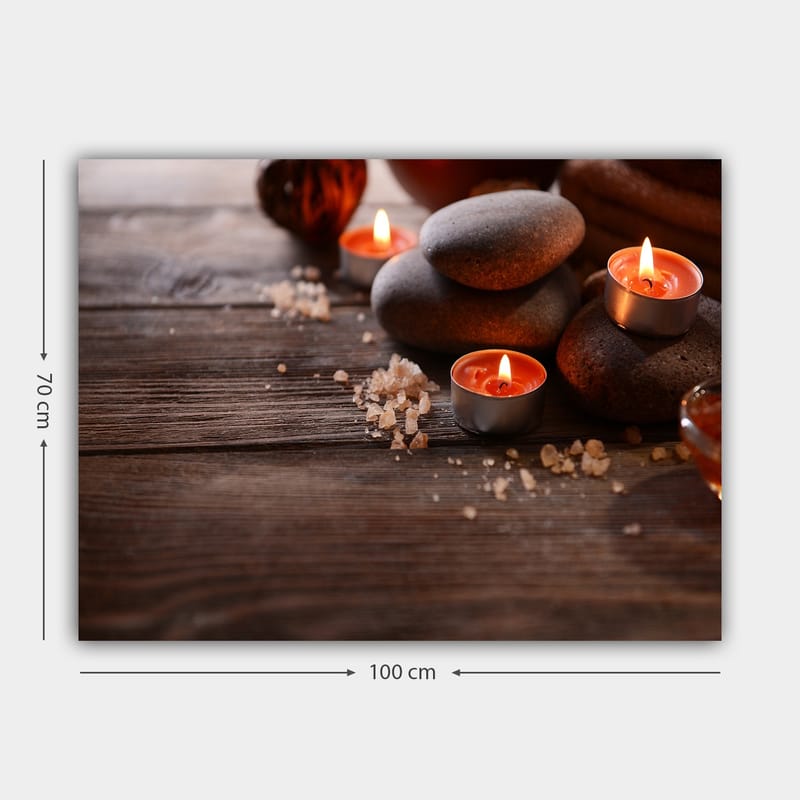 Canvastavla 70x100 cm - Stillsam komposition av stenar och tända ljus som skapar en avkopplande atmosfär - Grå / Orange / Brun - Inredning & dekor - Tavlor & konst - Canvastavla