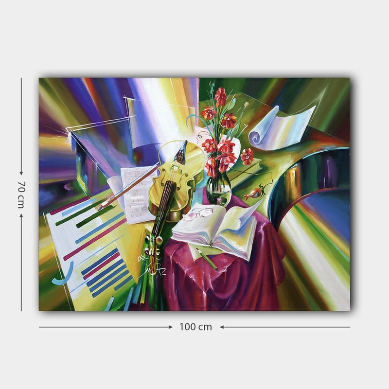 Canvastavla 70x100 cm - Stillsam komposition med en fiol, blommor och noter som framhäver musikens skönhet - Grön / Röd / Lila - Inredning & dekor - Tavlor & konst - Canvastavla