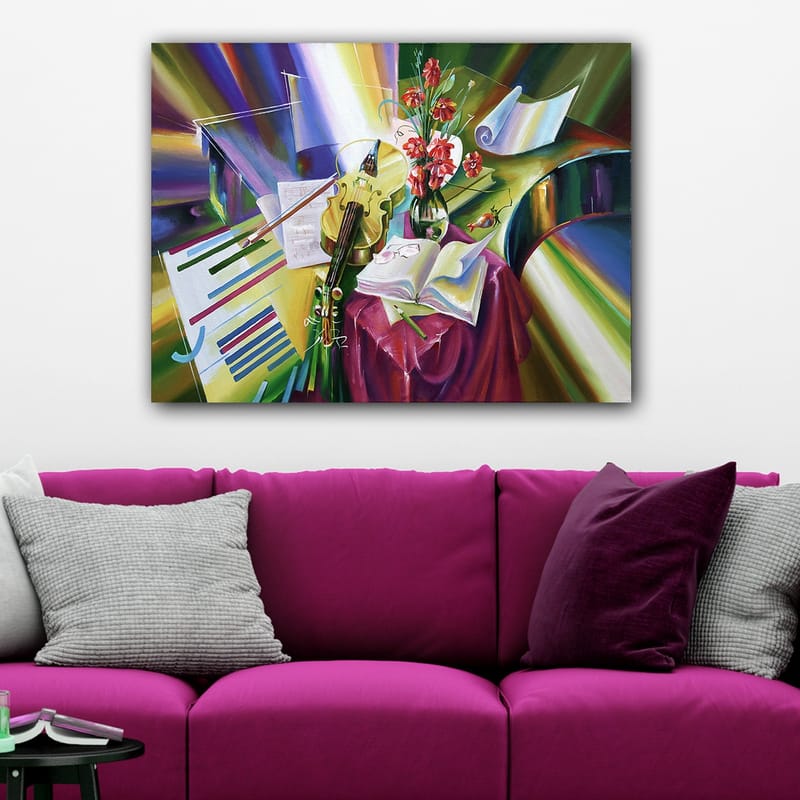 Canvastavla 70x100 cm - Stillsam komposition med en fiol, blommor och noter som framhäver musikens skönhet - Grön / Röd / Lila - Inredning & dekor - Tavlor & konst - Canvastavla