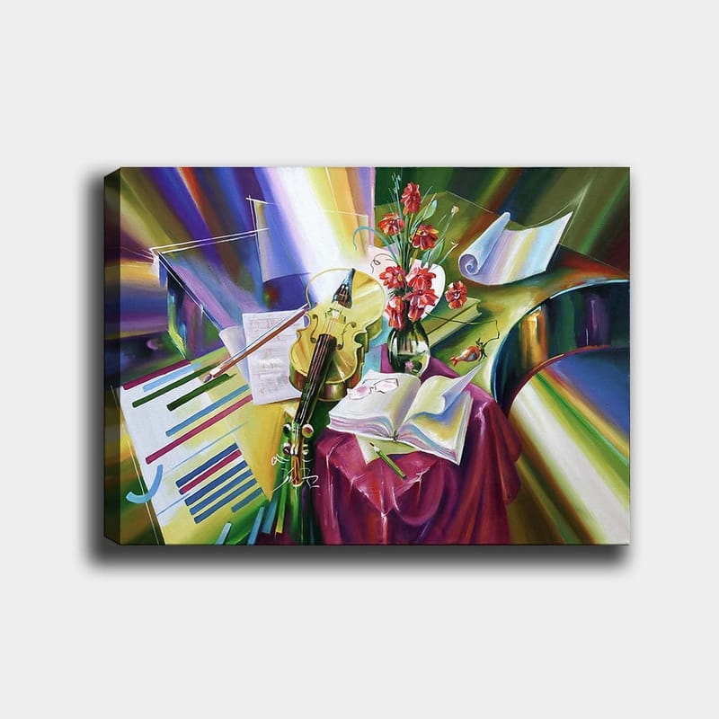 Canvastavla 70x100 cm - Stillsam komposition med en fiol, blommor och noter som framhäver musikens skönhet, Grön / Röd / Lila