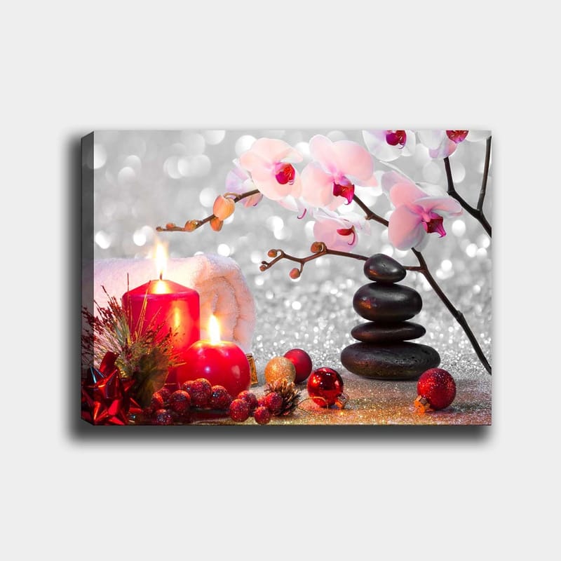 Canvastavla 70x100 cm - Stillsam komposition med ljusa orkidéer, svarta stenar och röda ljus som skapar en harmonisk atmosfär - Rosa / Röd / Svart - Inredning & dekor - Tavlor & konst - Canvastavla