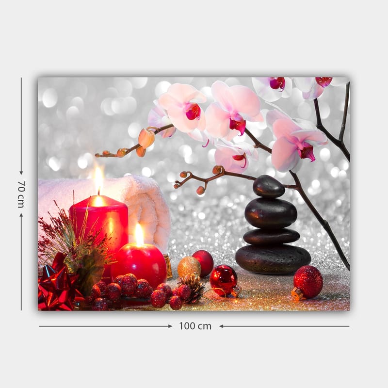 Canvastavla 70x100 cm - Stillsam komposition med ljusa orkidéer, svarta stenar och röda ljus som skapar en harmonisk atmosfär - Rosa / Röd / Svart - Inredning & dekor - Tavlor & konst - Canvastavla