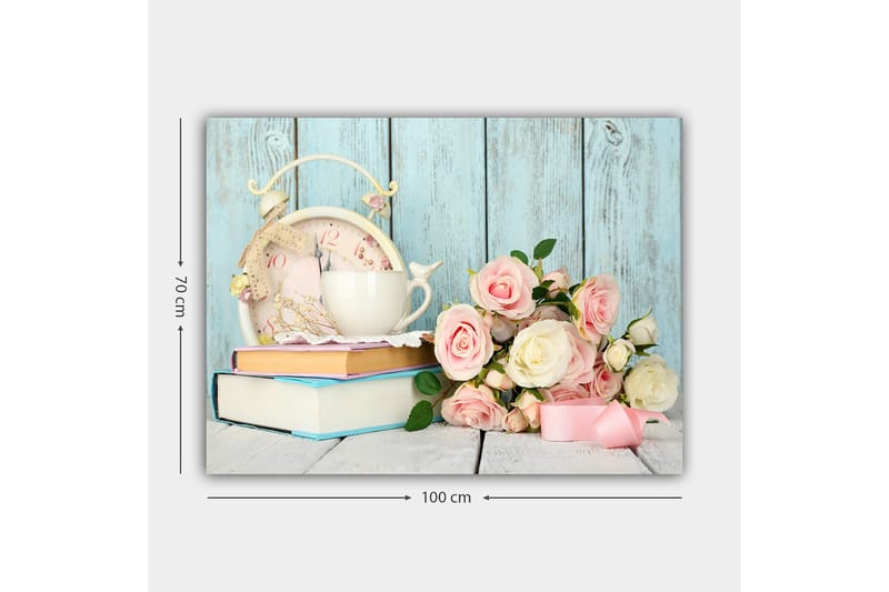 Canvastavla 70x100 cm - Stillsam och romantisk komposition med en kopp, en gammaldags klocka och en bukett rosor - Ljusrosa / Vit / Ljusblå - Inredning & dekor - Tavlor & konst - Canvastavla