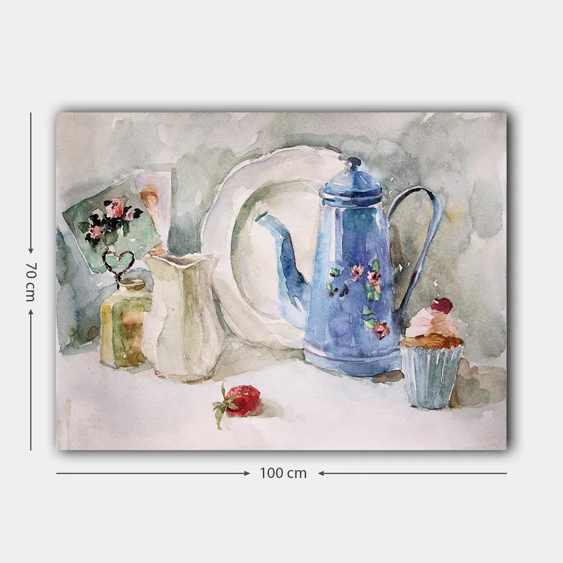 Canvastavla 70x100 cm - Stillsam stilleben med en blå kaffekanna, en jordgubbe och en cupcake - Blå / Vit / Röd - Inredning & dekor - Tavlor & konst - Canvastavla