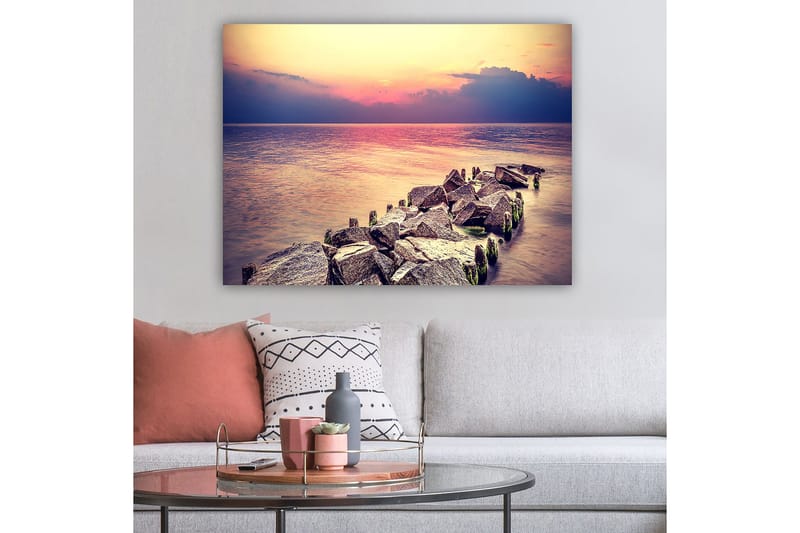 Canvastavla 70x100 cm - Stillsam vy av en klippig strandlinje vid solnedgången - Grå / Ljusblå / Rosa - Inredning & dekor - Tavlor & konst - Canvastavla
