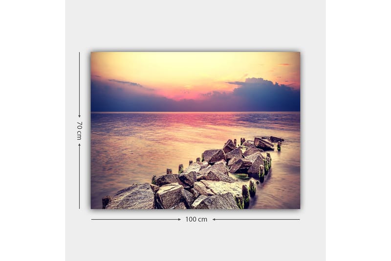 Canvastavla 70x100 cm - Stillsam vy av en klippig strandlinje vid solnedgången - Grå / Ljusblå / Rosa - Inredning & dekor - Tavlor & konst - Canvastavla