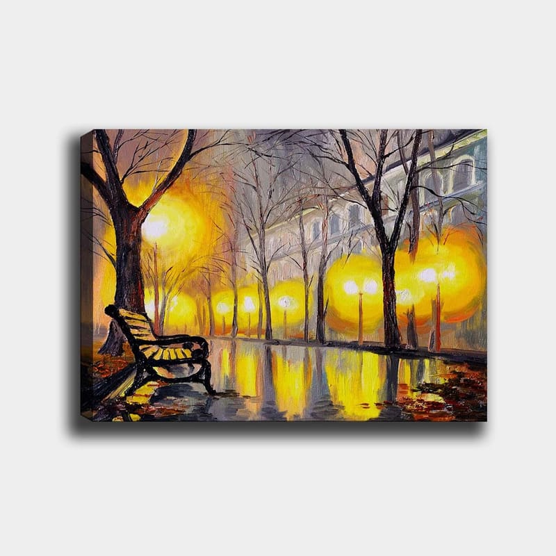 Canvastavla 70x100 cm - Stillsam park med en bänk under ett gult ljus från gatlyktor - Gult / Brunt / Grått - Inredning & dekor - Tavlor & konst - Canvastavla