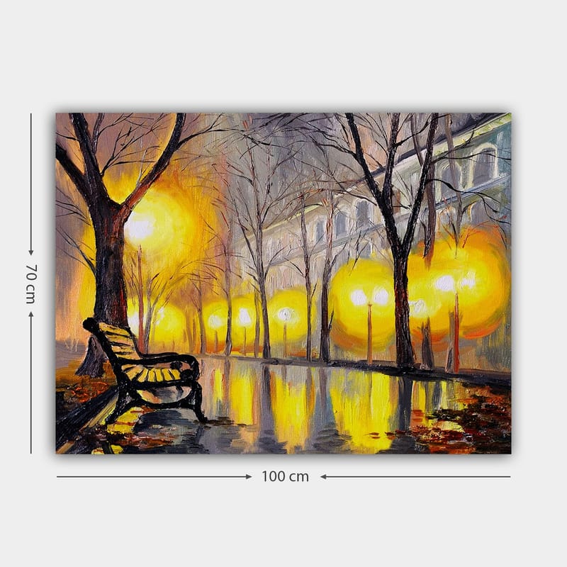 Canvastavla 70x100 cm - Stillsam park med en bänk under ett gult ljus från gatlyktor - Gult / Brunt / Grått - Inredning & dekor - Tavlor & konst - Canvastavla