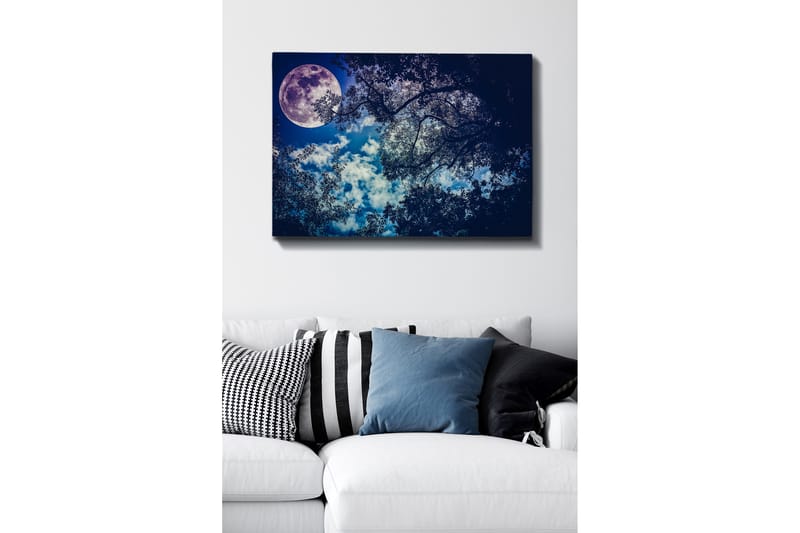 Canvastavla 70x100 cm - Stjärnklar natt med en stor måne som lyser genom trädens grenar - Mörkblå / Ljusblå / Lila - Inredning & dekor - Tavlor & konst - Canvastavla