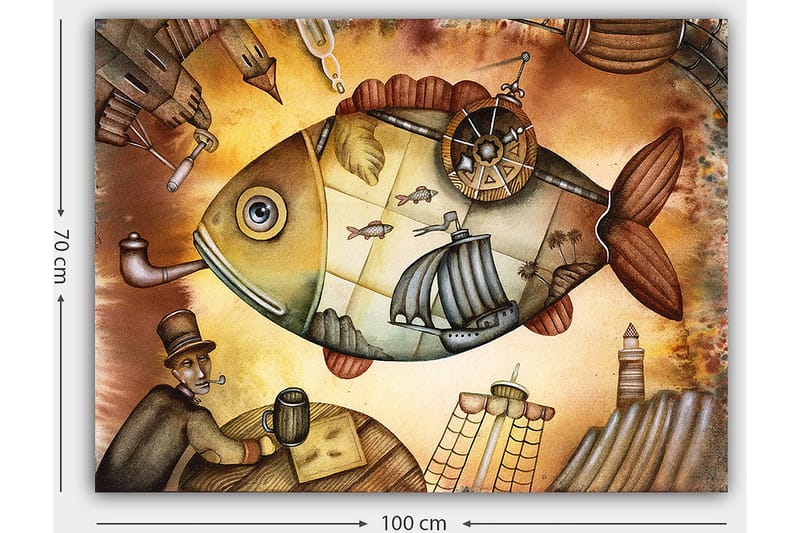 Canvastavla 70x100 cm - Stor, fantasifull fisk med segelbåtar och en fyr i en drömlik miljö - Brun / Grön / Beige - Inredning & dekor - Tavlor & konst - Canvastavla