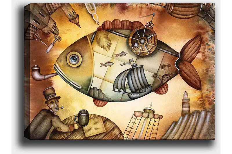 Canvastavla 70x100 cm - Stor, fantasifull fisk med segelbåtar och en fyr i en drömlik miljö - Brun / Grön / Beige - Inredning & dekor - Tavlor & konst - Canvastavla