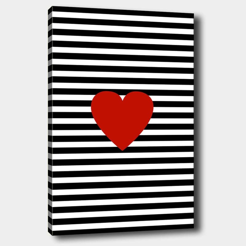 Canvastavla 70x100 cm - Stor röd hjärtform mot en bakgrund av svarta och vita ränder, Röd / Svart / Vit