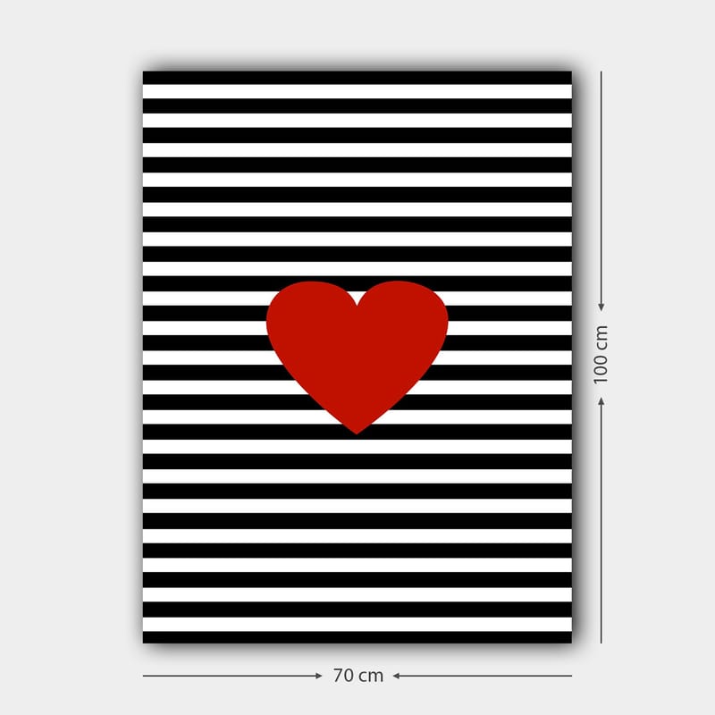 Canvastavla 70x100 cm - Stor röd hjärtform mot en bakgrund av svarta och vita ränder - Röd / Svart / Vit - Inredning & dekor - Tavlor & konst - Canvastavla