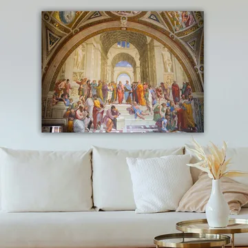 Canvastavla 70x100 cm - Stor samling av filosofer och tänkare i en storslagen arkitektonisk miljö - Blå / Röd / Beige - Inredning & dekor - Tavlor & konst - Canvastavla