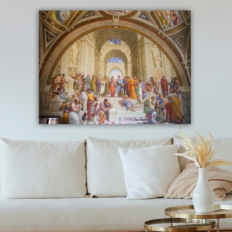 Canvastavla 70x100 cm - Stor samling av filosofer och tänkare i en storslagen arkitektonisk miljö - Blå / Röd / Beige - Inredning & dekor - Tavlor & konst - Canvastavla