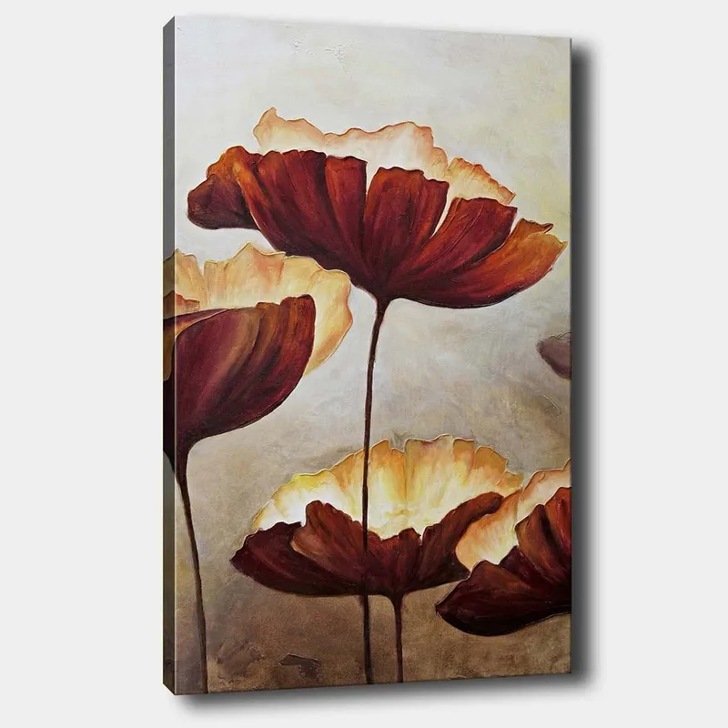Canvastavla 70x100 cm - Stora, stiliserade blommor i varma toner, Mörkröd / Krämvit