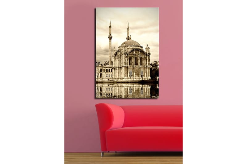 Canvastavla 70x100 cm - Storslagen moské med kupol och minareter speglad i vattnet, Beige / Brunt / Svart