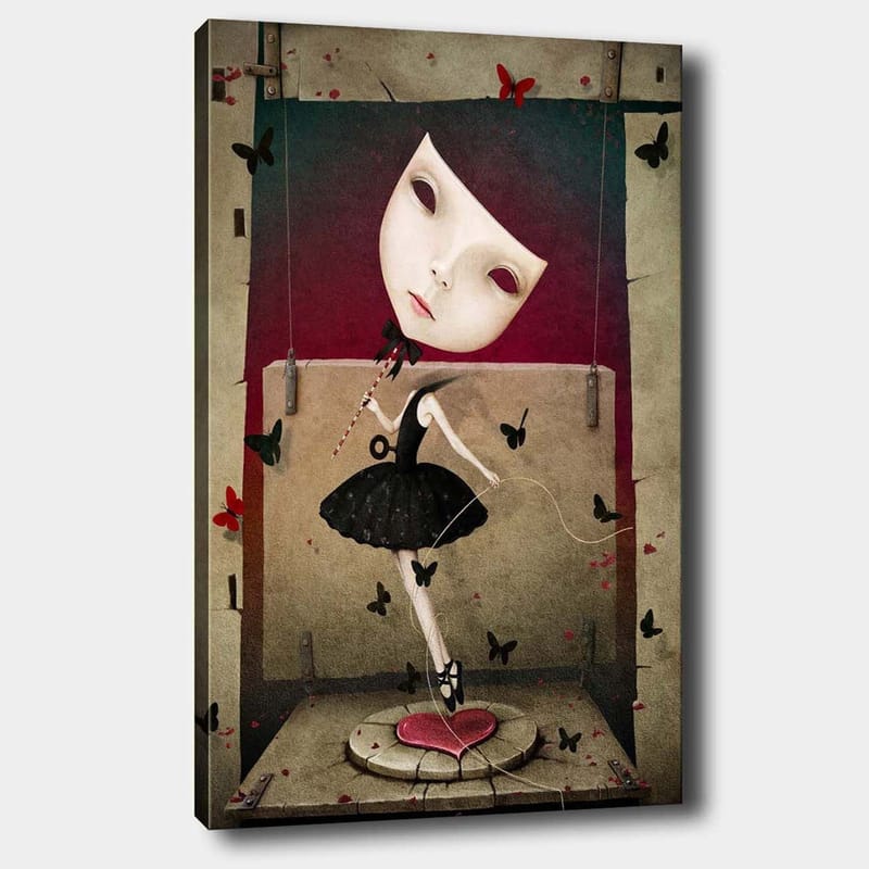 Canvastavla 70x100 cm - Surrealistisk ballerina med en stor, uttrycksfull ansiktsmask dansar bland fjärilar - Svart / Röd / Beige - Inredning & dekor - Tavlor & konst - Canvastavla
