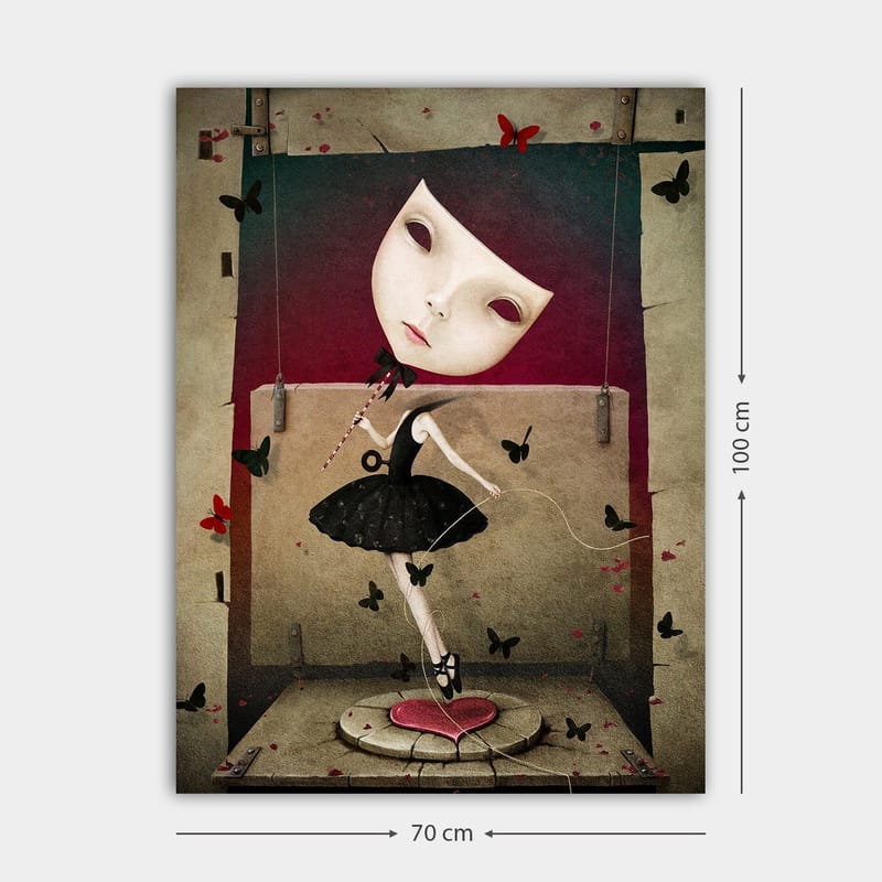 Canvastavla 70x100 cm - Surrealistisk ballerina med en stor, uttrycksfull ansiktsmask dansar bland fjärilar - Svart / Röd / Beige - Inredning & dekor - Tavlor & konst - Canvastavla