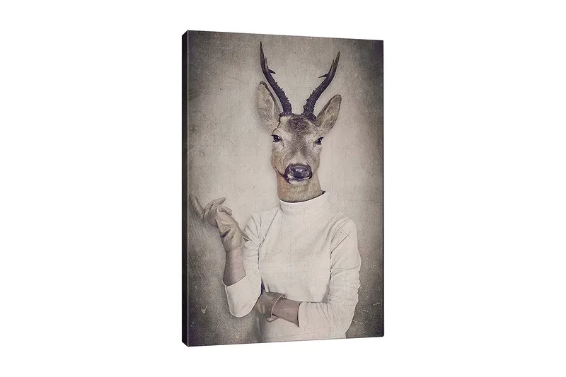 Canvastavla 70x100 cm - Surrealistisk bild av en människa med ett rådjurshuvud som gestikulerar med handen - Beige / Grå / Brun - Inredning & dekor - Tavlor & konst - Canvastavla