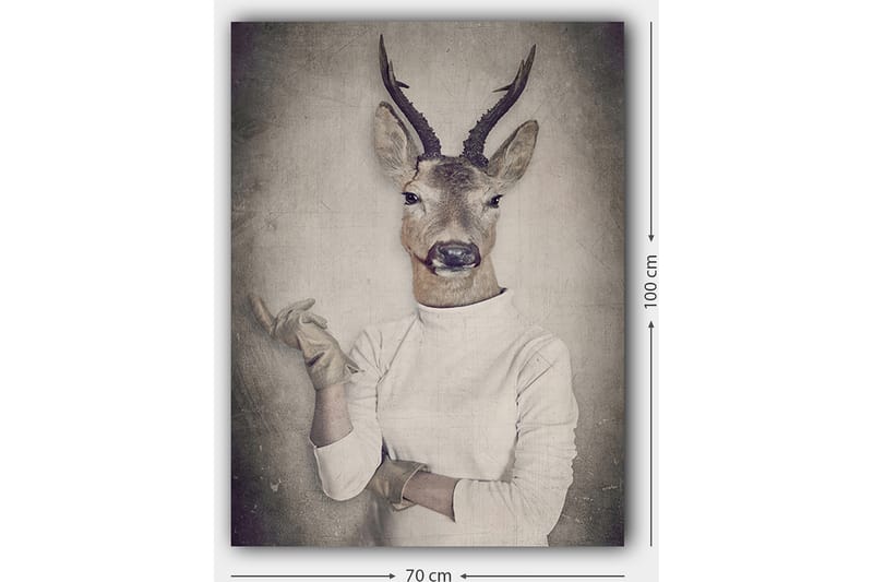 Canvastavla 70x100 cm - Surrealistisk bild av en människa med ett rådjurshuvud som gestikulerar med handen - Beige / Grå / Brun - Inredning & dekor - Tavlor & konst - Canvastavla
