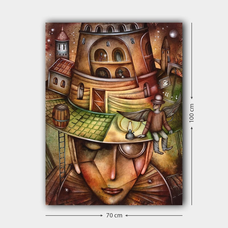 Canvastavla 70x100 cm - Surrealistisk komposition med en stor, ansiktsliknande figur som bär en hatt med en byggnad och en vingad figur på toppen - Brun / Grön / Beige - Inredning & dekor - Tavlor & konst - Canvastavla