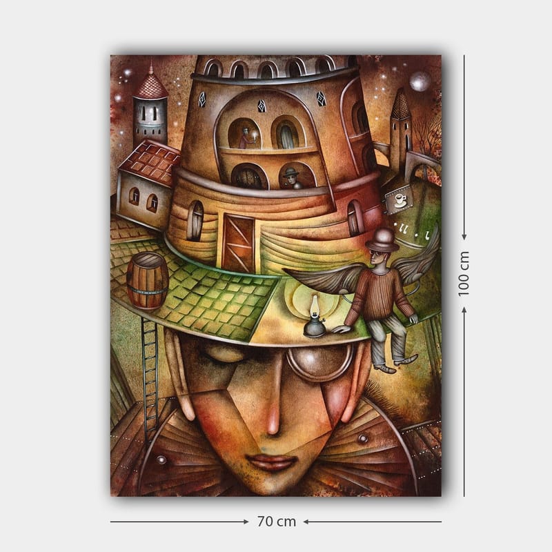 Canvastavla 70x100 cm - Surrealistisk komposition med en stor, ansiktsliknande figur som bär en hatt med en byggnad och en vingad figur på toppen - Brun / Grön / Beige - Inredning & dekor - Tavlor & konst - Canvastavla