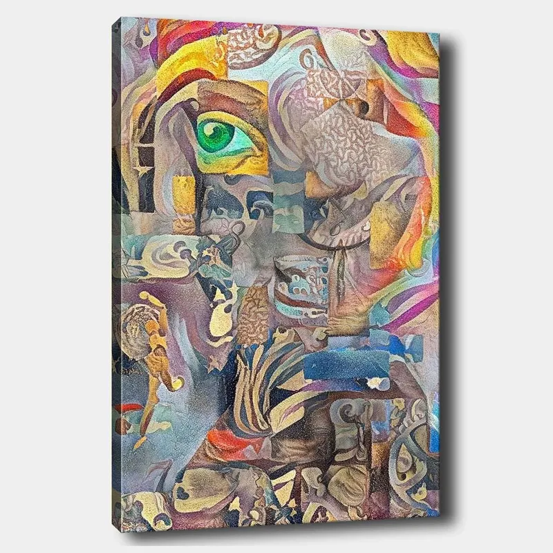 Canvastavla 70x100 cm - Surrealistisk komposition med ett öga och abstrakta former som skapar en drömlik atmosfär - Grön / Beige / Röd - Inredning & dekor - Tavlor & konst - Canvastavla