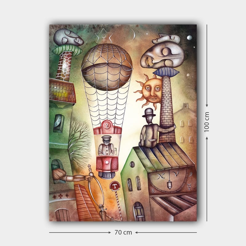 Canvastavla 70x100 cm - Surrealistisk scen med en luftballong som svävar över en stad med karaktäristiska byggnader och figurer - Grön / Brun / Beige - Inredning & dekor - Tavlor & konst - Canvastavla