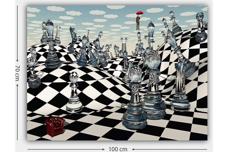 Canvastavla 70x100 cm - Surrealistisk schackbräda med genomskinliga schackpjäser som sträcker sig över böljande landskap - Svart / Vitt / Transparent - Inredning & dekor - Tavlor & konst - Canvastavla